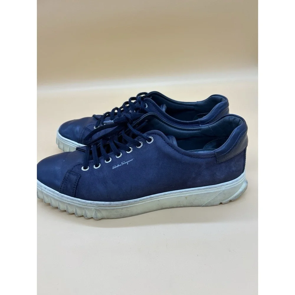 Salvatore Ferragamo Cube Mens 8.5 M Blue Suede Leather Sneakers Made Italy